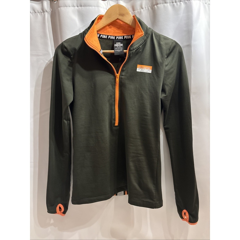 PINK Victoria's Secret Ultimate XS Quarter Zip Pullover Olive/Orange Finger Hole